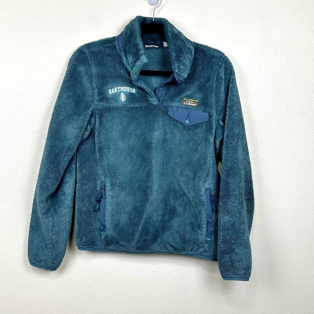 LL Bean Women’s XS Darmouth School Fleece Pullover Blue Green Sweatert 1/4 Snap